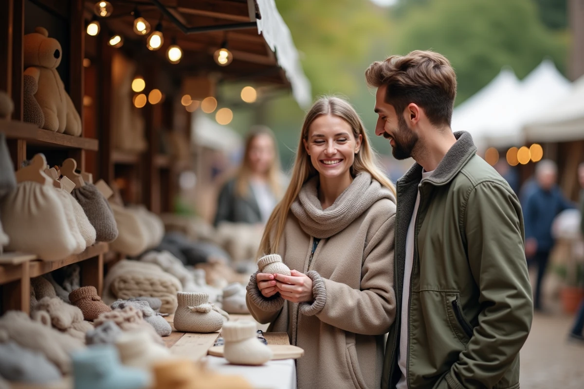 Un couple de futurs parents choisit des cadeaux de naissance artisanaux sur un marché en plein air