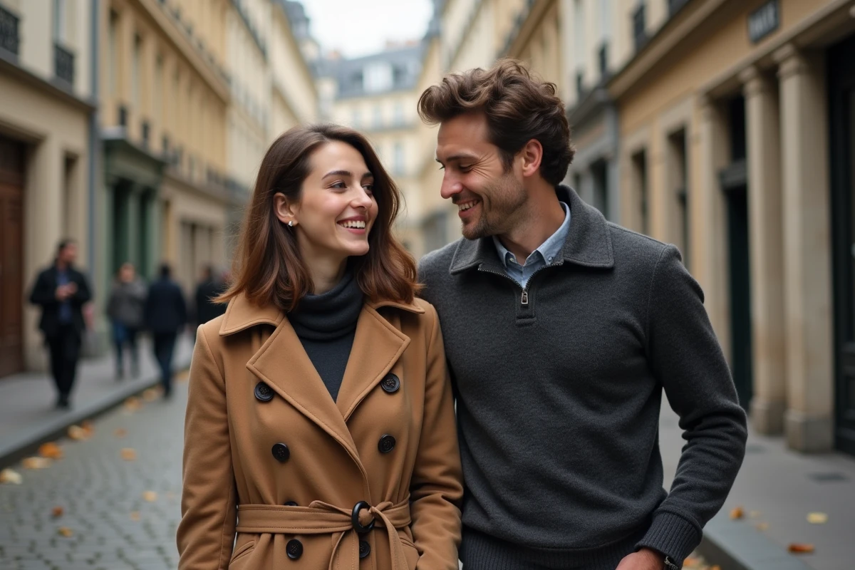 Couple marchant discrètement sur un pavé parisien en automne, évoquant l'intimité et la vie amoureuse préservée loin des médias