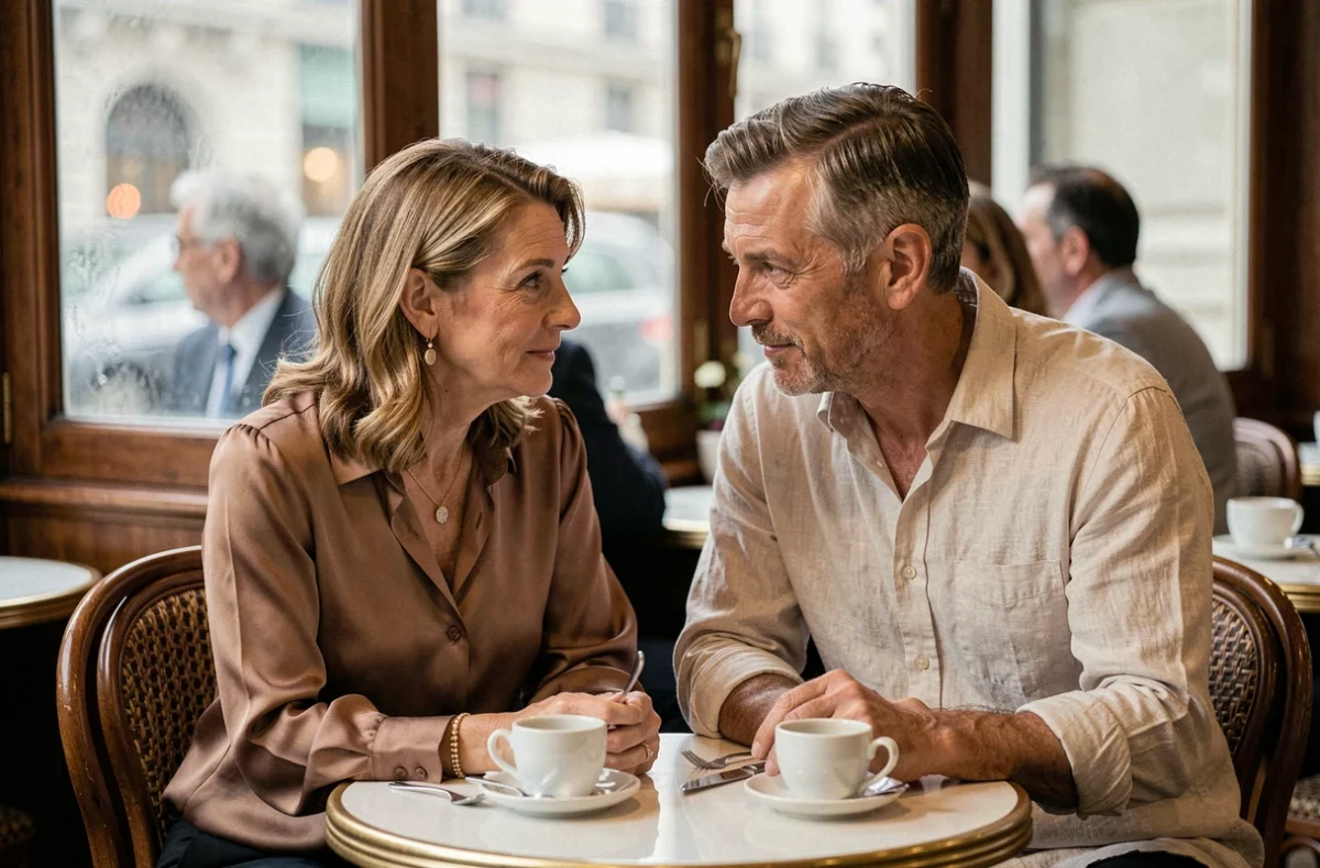 Couple discret et élégant attablé dans une brasserie parisienne, évoquant la vie privée d'un duo connu cherchant à préserver leur intimité