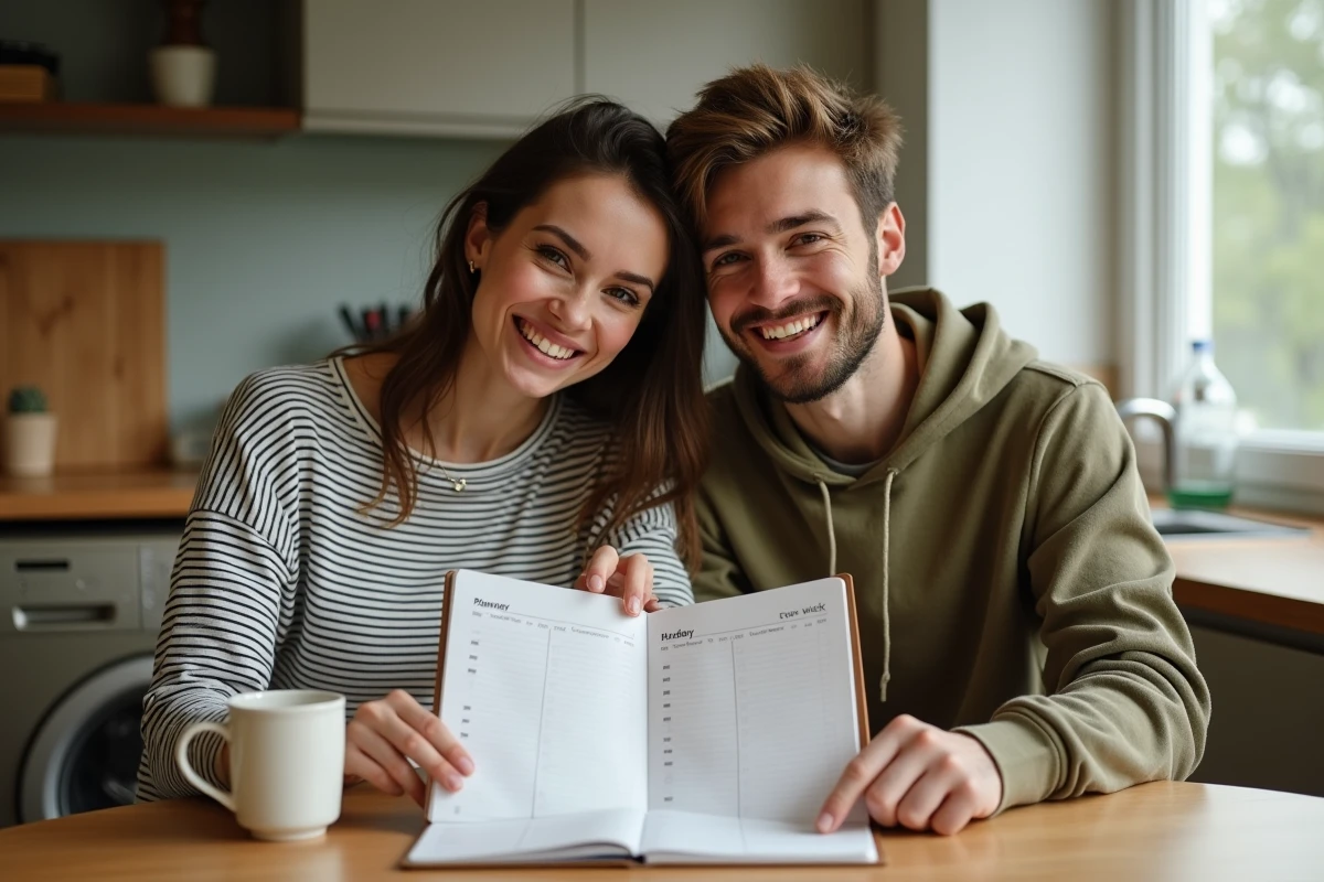Couple planifiant leur organisation familiale avec un agenda 2026 indiquant les semaines paires et impaires