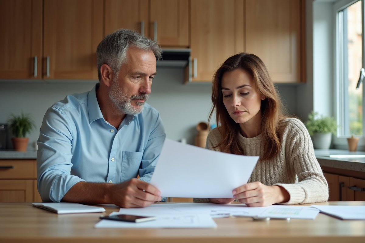 Couple dans la cuisine en train de revoir des documents