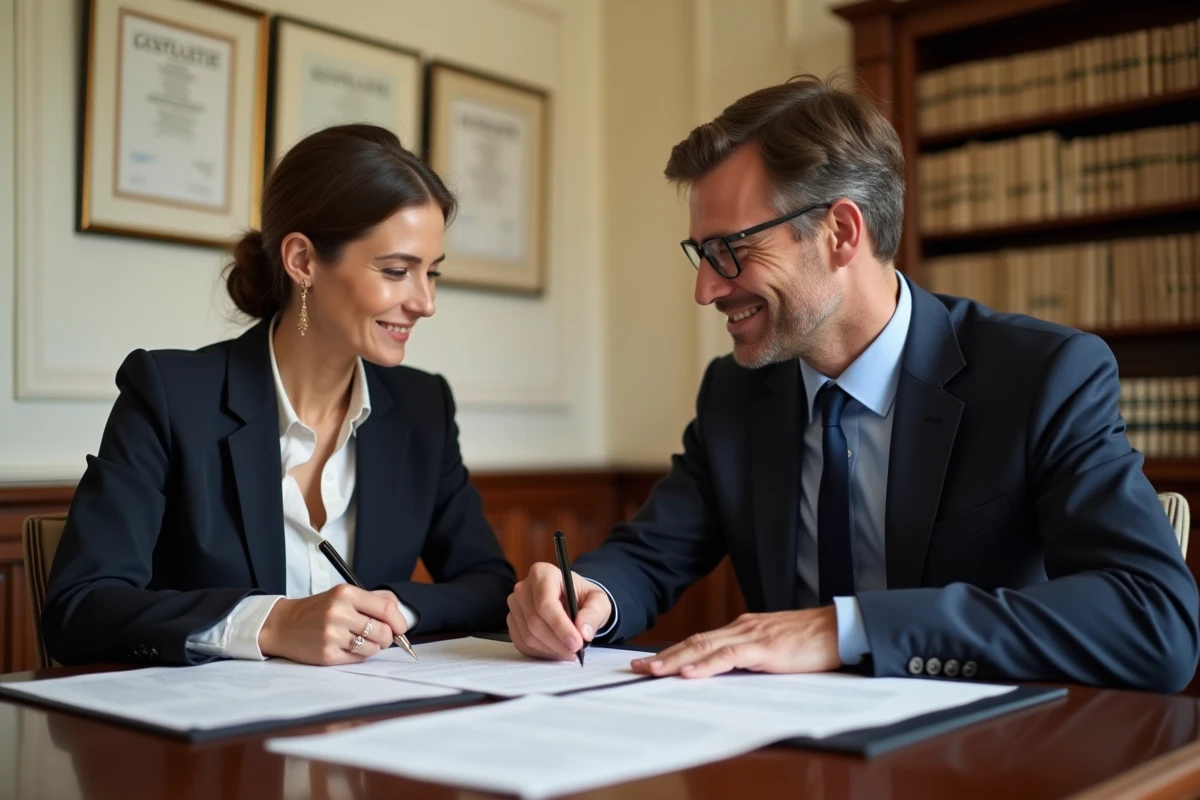 Couple signant un acte d'apport immobilier chez le notaire, évoquant les obligations légales de l'article 1832-2 du Code civil en matière de consentement du conjoint