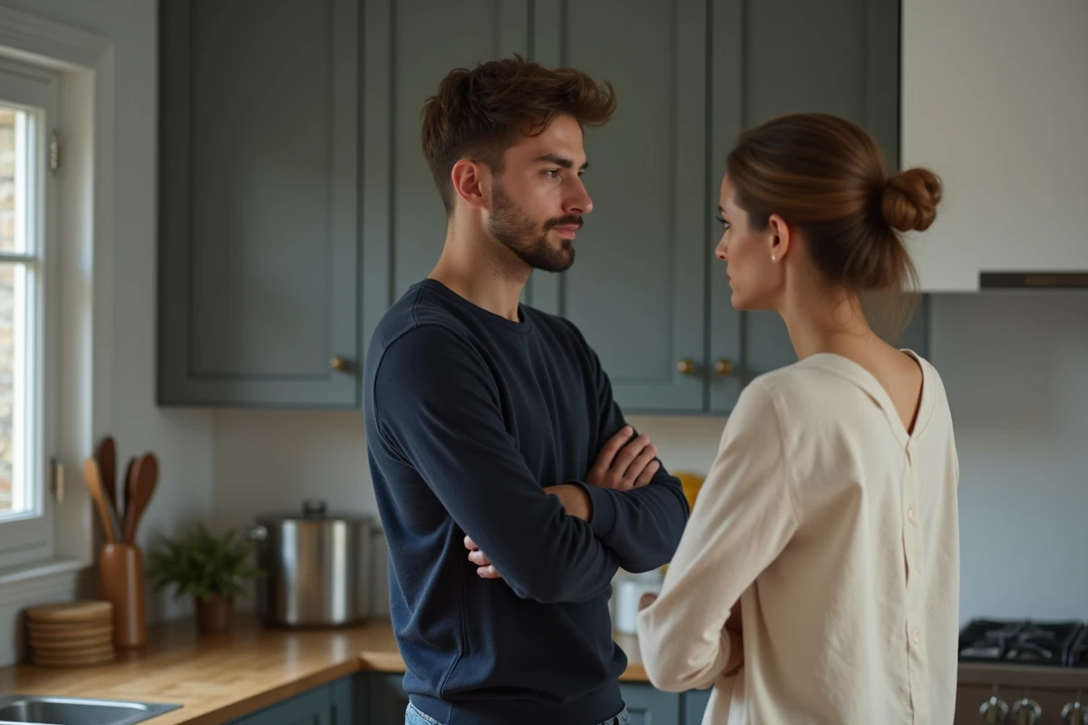 Couple en silence dans une cuisine, homme tournant le dos à la femme, distance émotionnelle après une dispute