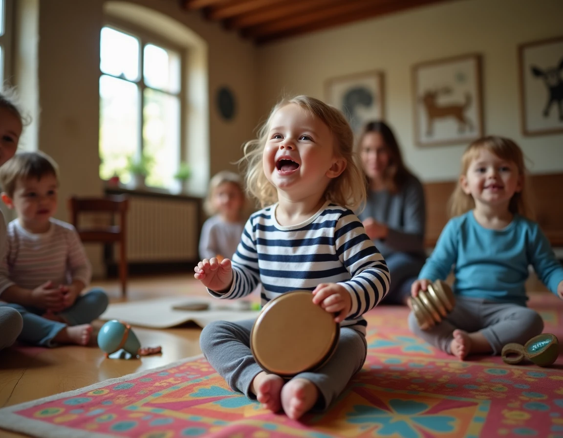 Groupe d'enfants de 3 ans participant à un cours de musique et éveil dans un studio parisien chaleureux