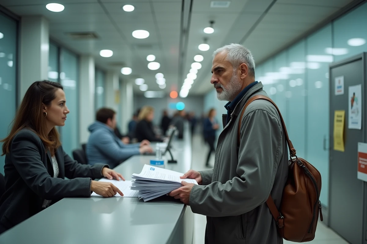 Homme déposant des documents administratifs au guichet d'un service social pour régularisation