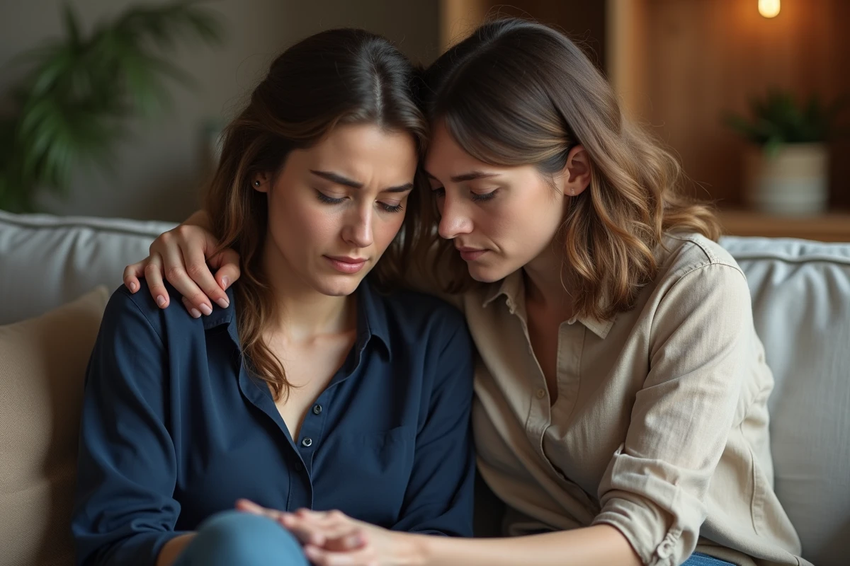Deux amies assises côte à côte sur un canapé, l'une réconfortant l'autre d'un geste tendre et empathique