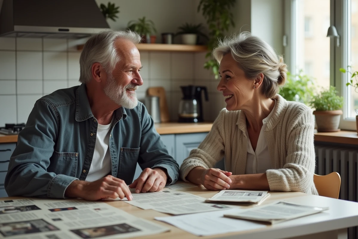 Deux personnes consultant des coupures de presse et des magazines vintage autour d'une table, illustrant la propagation d'une rumeur ou d'un mythe populaire
