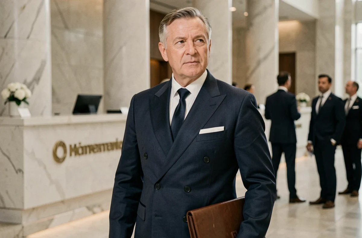 Portrait d'un dirigeant d'entreprise en costume dans le hall d'un siège social de luxe, symbolisant le pouvoir et la succession familiale