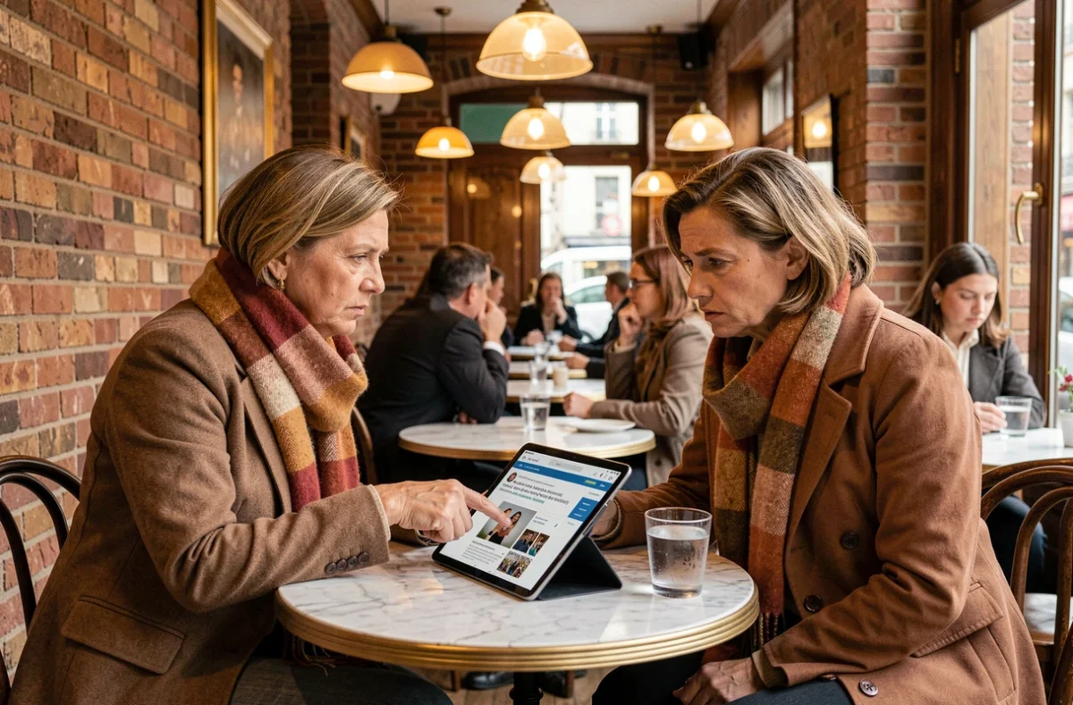 Deux femmes discutant d'un article de presse sur une tablette dans un café parisien, questionnant la véracité des informations sur le mari de Florence Kieffer