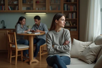 Femme pensive assise seule sur un canapé pendant que son mari l'ignore en fond, illustrant la distance émotionnelle dans un couple