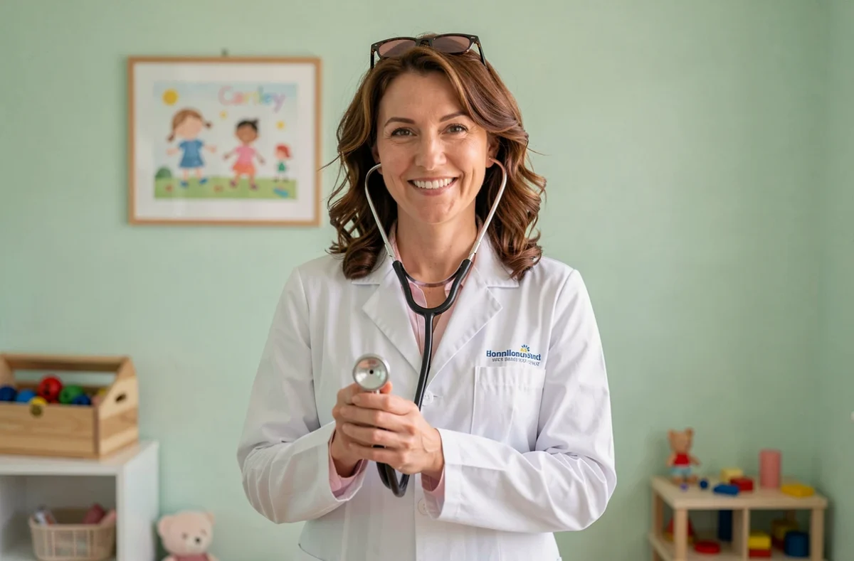 Pédiatre femme souriante avec stéthoscope dans un cabinet décoré pour les enfants en Seine-et-Marne