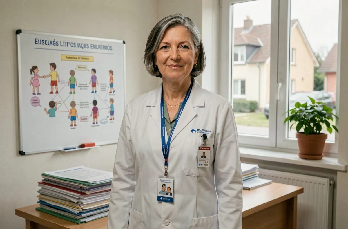 Pédiatre femme expérimentée devant un tableau médical dans son cabinet en Seine-et-Marne
