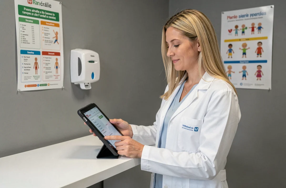 Pédiatre femme blonde consultant une tablette numérique dans un cabinet médical en Seine-et-Marne