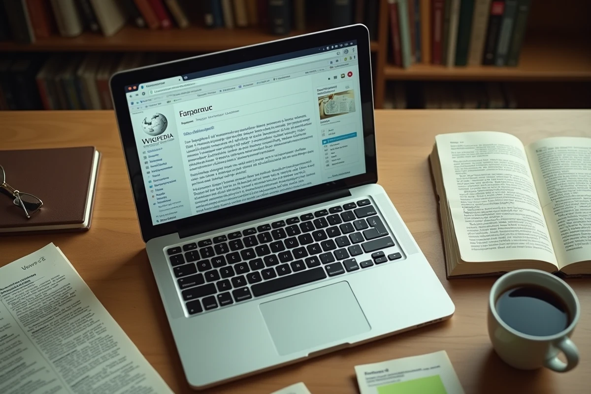 Écran d'ordinateur affichant un article Wikipédia entouré de notes de recherche manuscrites, illustrant le processus de vérification de sources en ligne