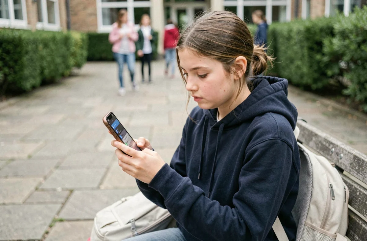 Jeune élève consultant et paramétrant l'application Educcartable sur son téléphone dans la cour d'école
