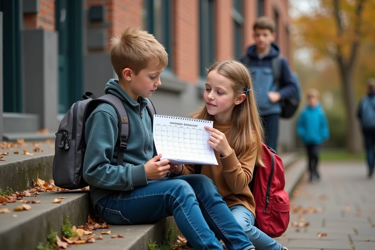 Deux élèves devant leur école consultant le calendrier des vacances scolaires d'octobre 2026 par zone