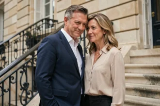 Couple élégant et discret devant un immeuble parisien, évoquant la vie privée d'Elizabeth Tran-Bouleau et Gilles Bouleau