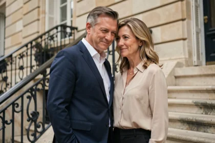 Couple élégant et discret devant un immeuble parisien, évoquant la vie privée d'Elizabeth Tran-Bouleau et Gilles Bouleau