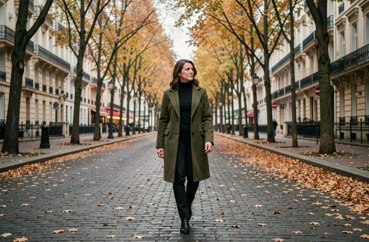 Femme élégante et discrète se promenant sur un boulevard parisien en automne, illustrant la vie secrète du couple Bouleau