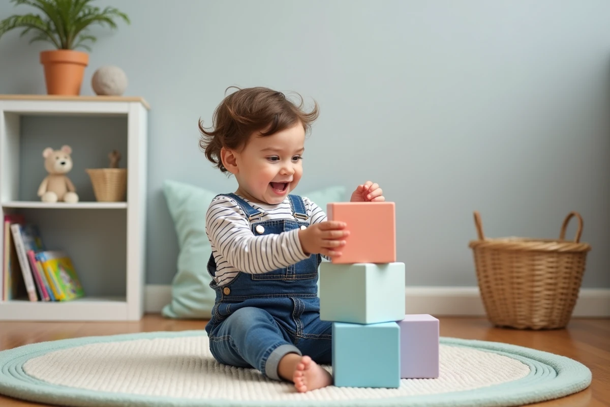 Enfant de 3 ans empilant des blocs de construction en mousse colorés sur un tapis de jeu dans une salle de jeux moderne