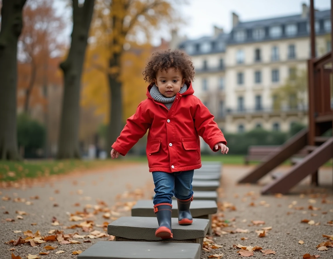 Enfant de 3 ans jouant dans un parc de quartier à Paris en automne avec des structures de jeux en bois
