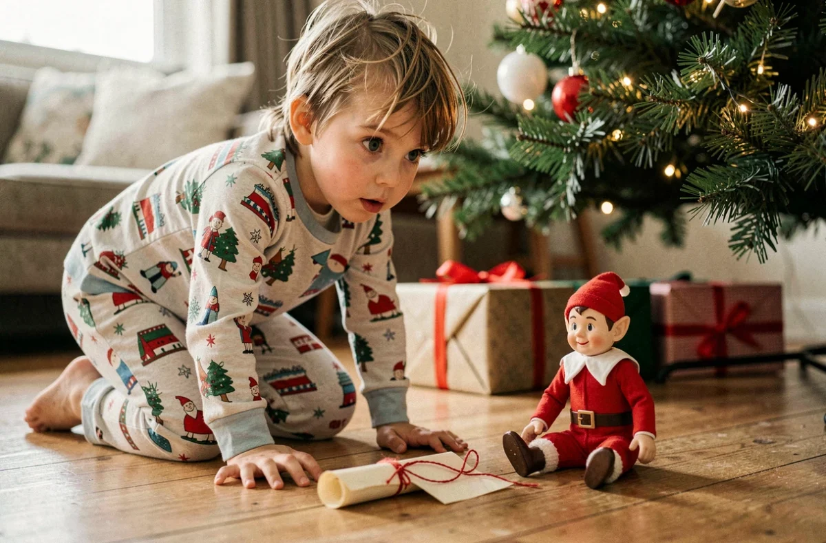 Enfant en pyjama découvrant la lettre du lutin de Noël près du sapin le matin de Noël