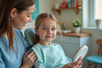 Petite fille calme chez le dentiste avec professionnel souriant