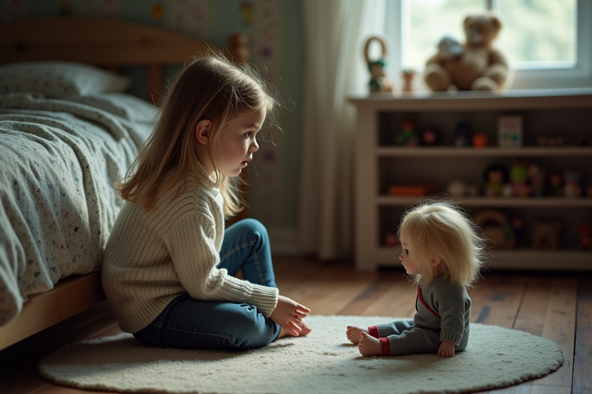 Jeune fille regardant un poupée sinistre dans sa chambre