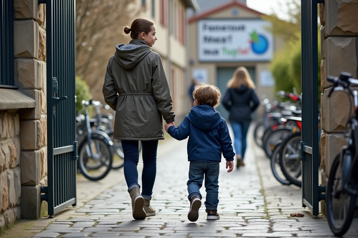 Garçon et mère entrant à l école en France