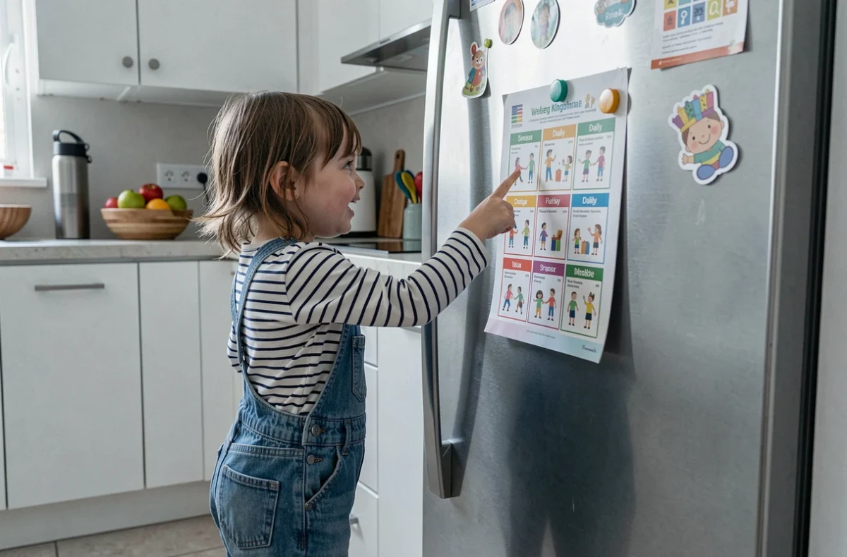Petite fille de maternelle pointant son semainier hebdomadaire colorié affiché sur le réfrigérateur