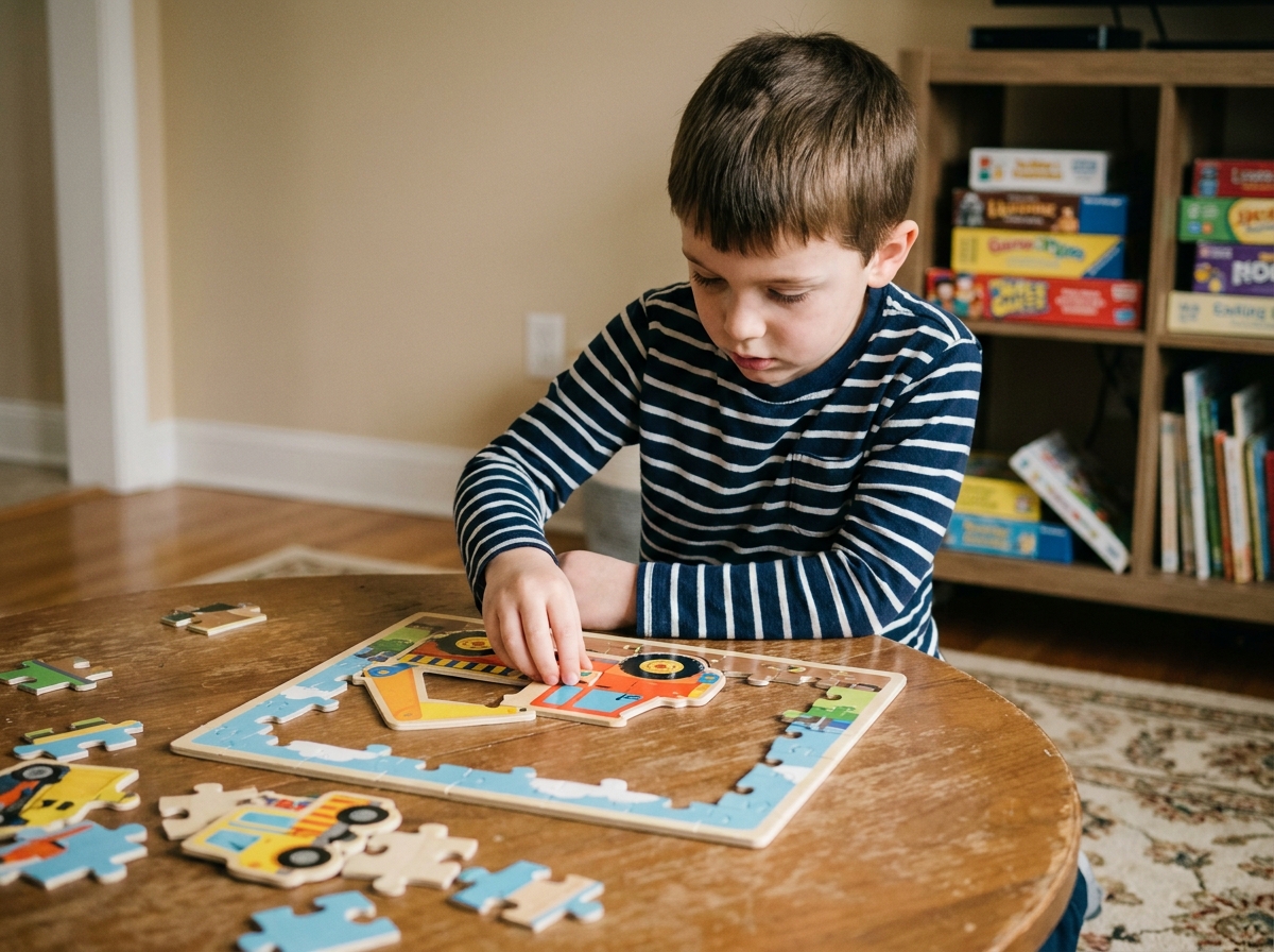 Enfant concentré assemblant un puzzle de construction en bois sur une table ronde dans un salon chaleureux