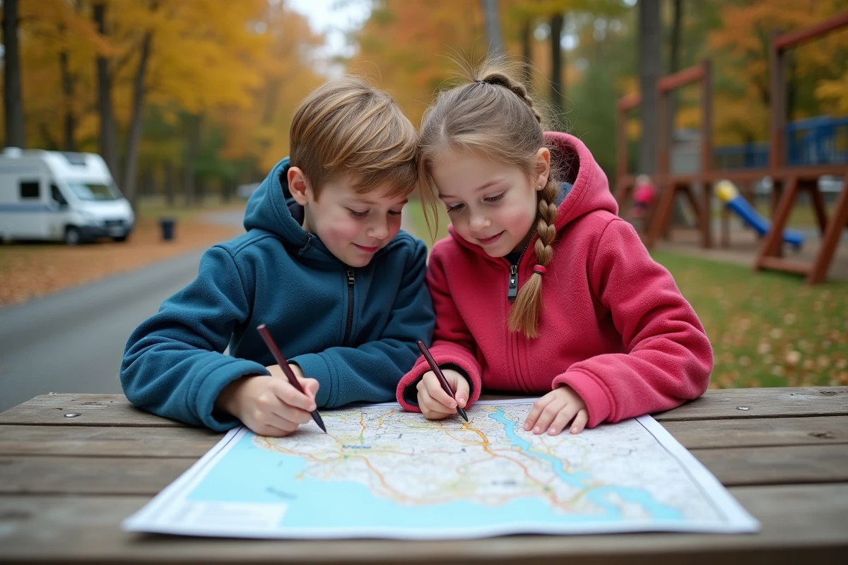 Deux enfants lisant une carte routi&egrave;re &agrave; une aire de repos