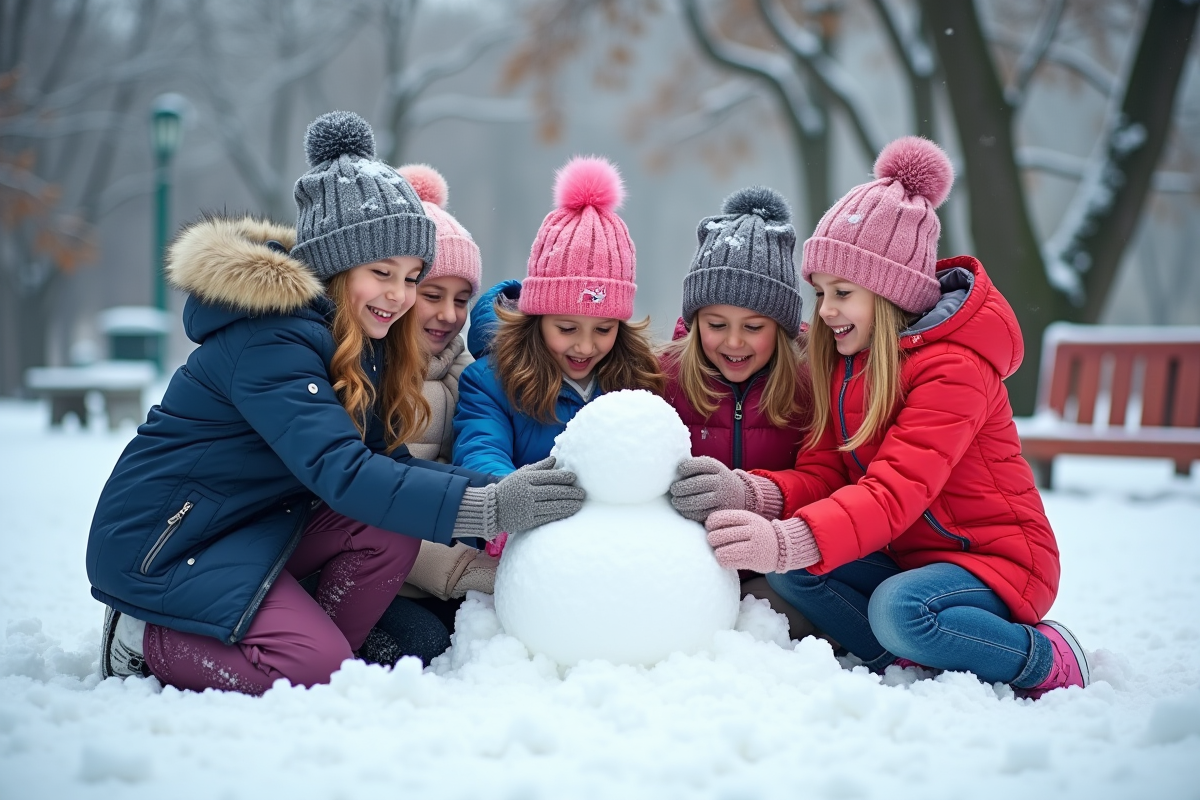 Groupe d'enfants jouant dans la neige en hiver