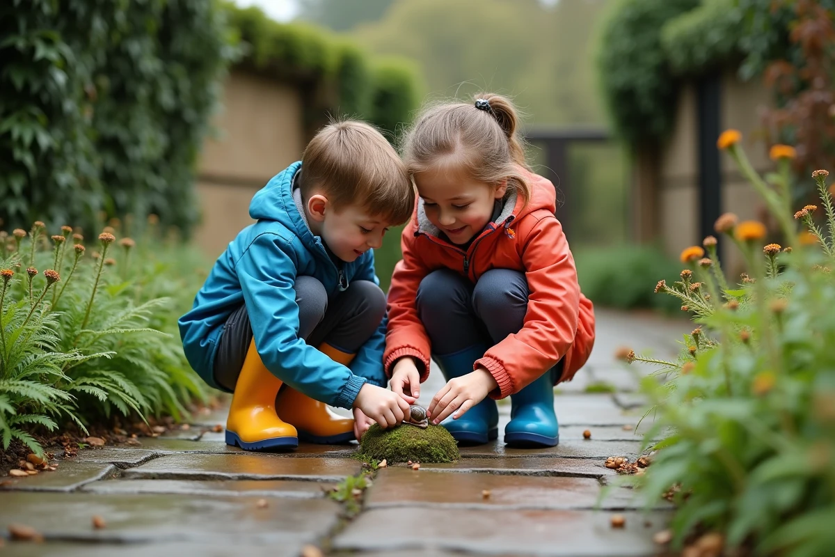 Deux enfants curieux observant un escargot sur un rocher moussu dans un jardin verdoyant