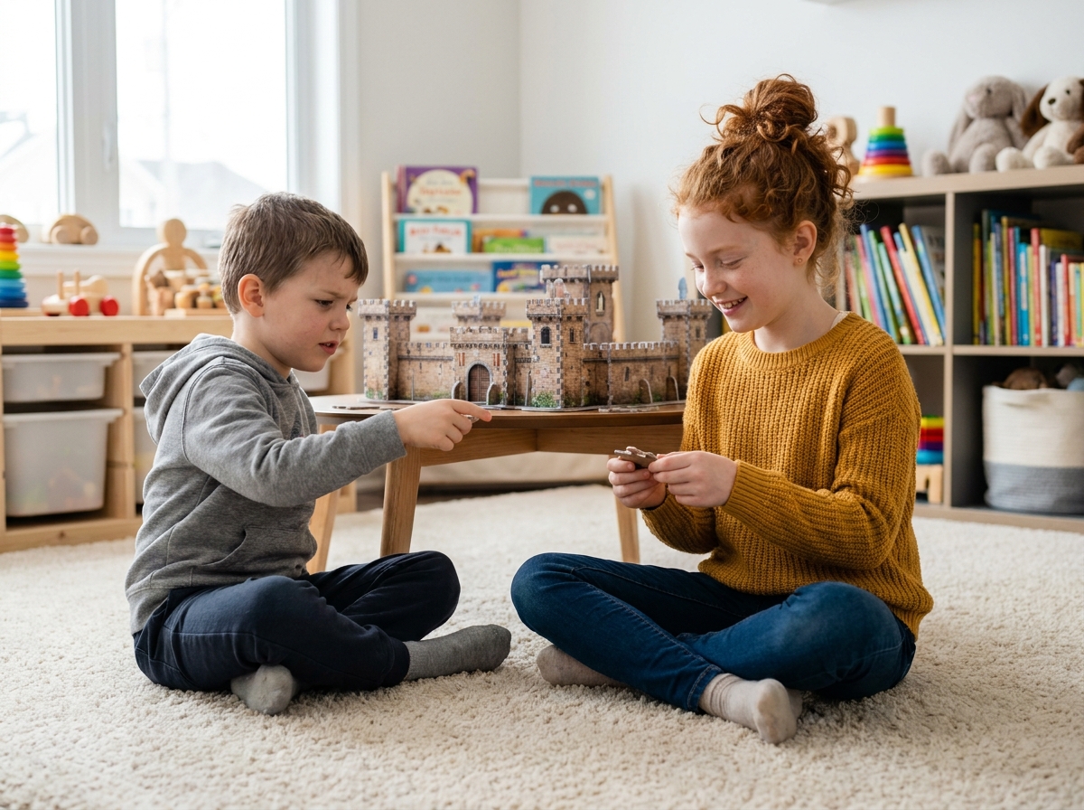 Deux enfants collaborant sur un grand puzzle 3D en forme de château posé sur un tapis de salle de jeux