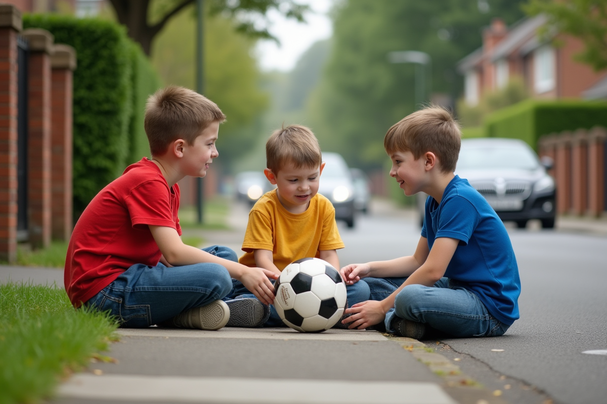 Groupe d'enfants jouant au foot dans une rue résidentielle