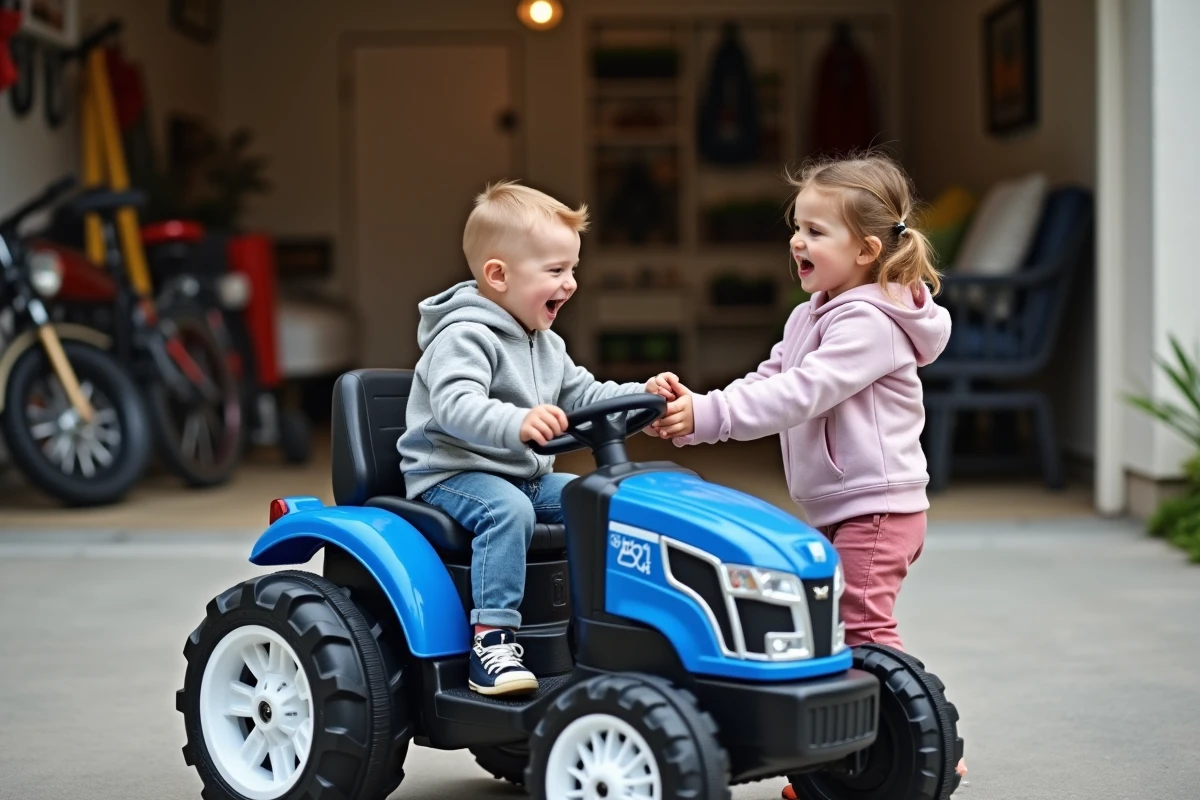 Deux enfants jouant avec un tracteur électrique télécommandé bleu dans une allée de maison, mains d'un parent tenant la télécommande de sécurité au premier plan