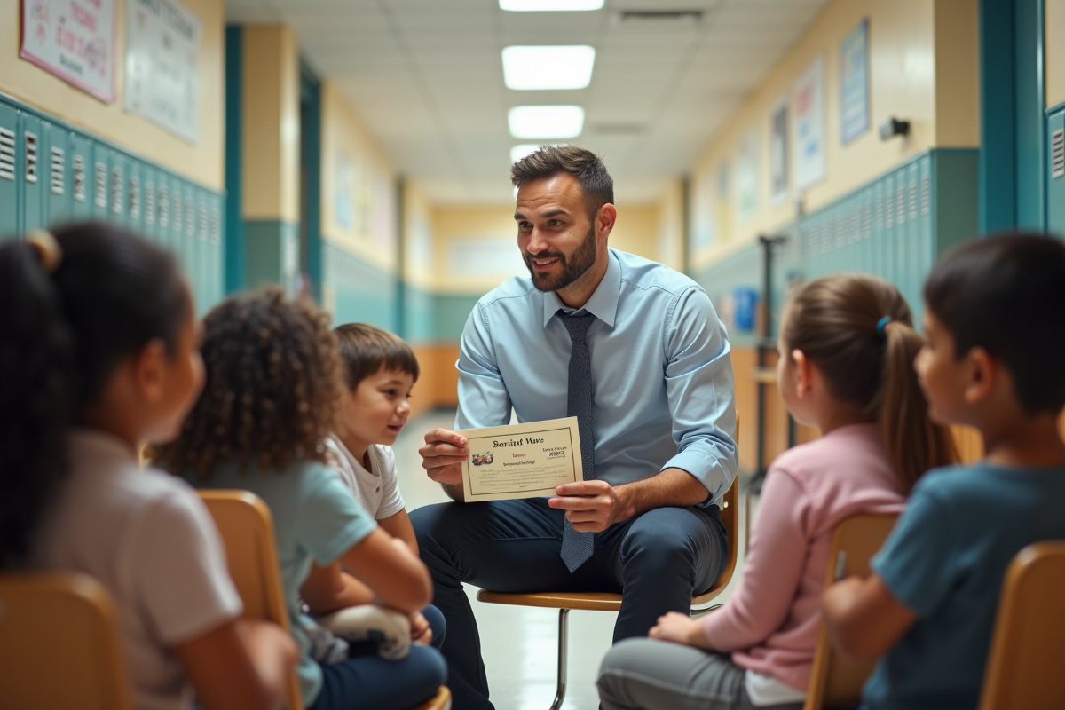 Enseignant distribuant certificats dans couloir scolaire