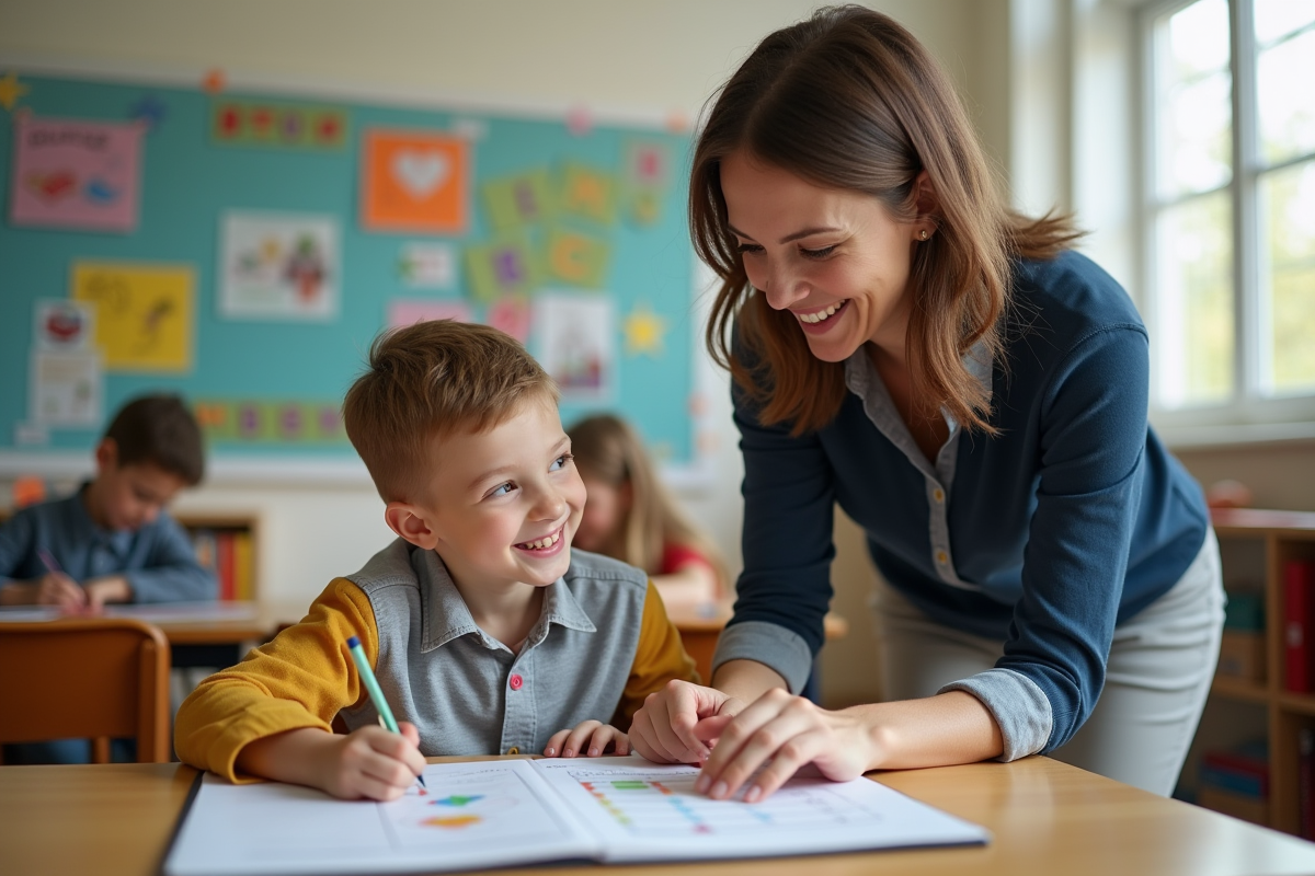 Enseignante souriante avec élève dans classe chaleureuse