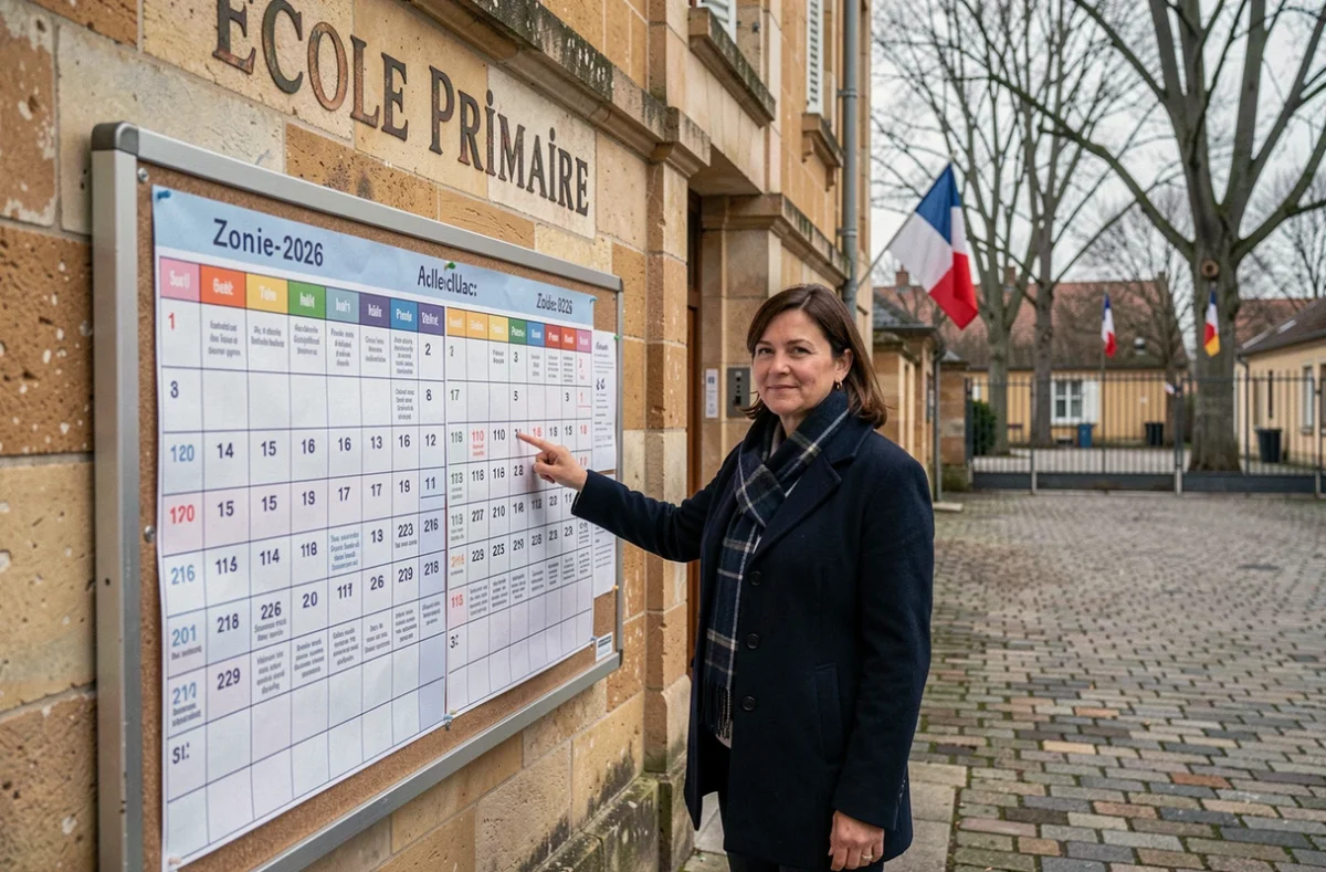 Enseignante devant un panneau d'affichage du calendrier scolaire par zone à l'entrée d'une école primaire française
