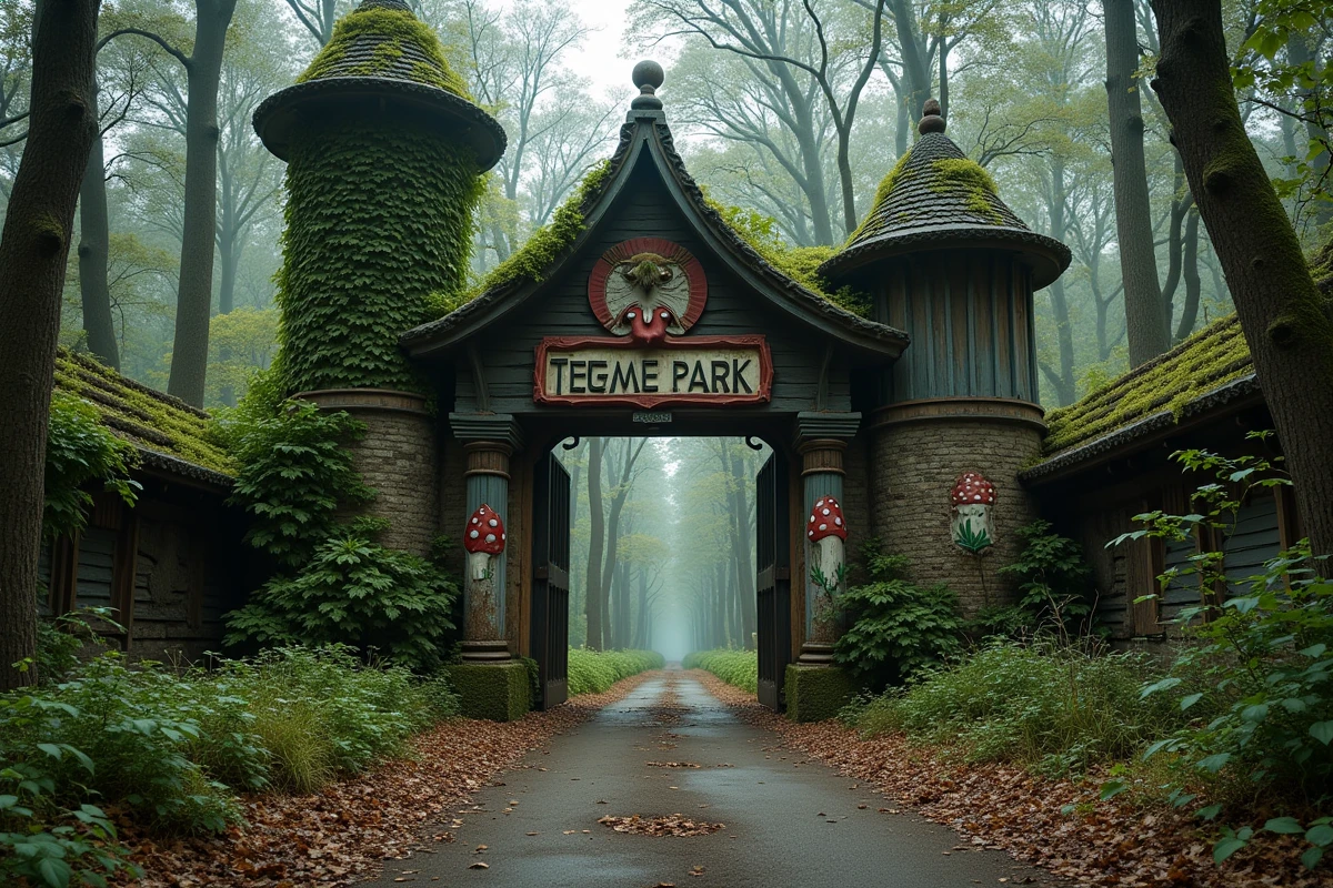 Entrée abandonnée du Parc des Schtroumpfs en Lorraine envahie par la végétation