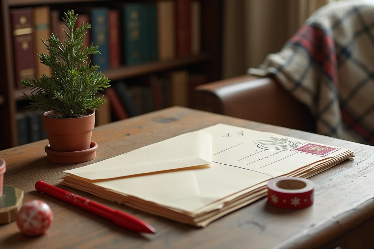 Station d'envoi de cartes postales de Noël imprimées avec enveloppes et timbre sur bureau vintage