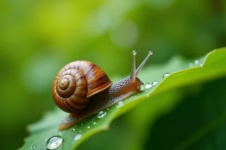 Escargot de jardin sur une feuille verte avec des gouttelettes de rosée, photographie macro détaillée