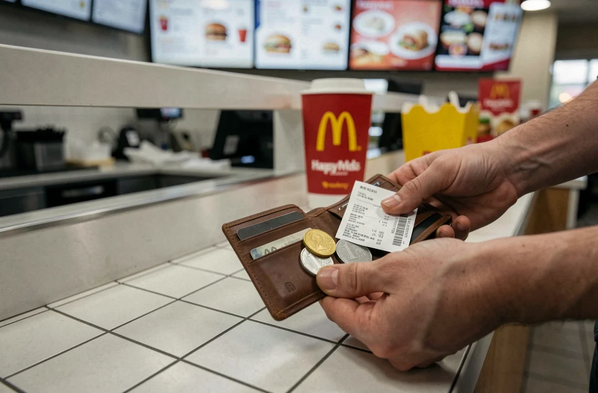 Main tenant un portefeuille avec des euros devant un comptoir McDonald's, symbolisant le coût du Happy Meal