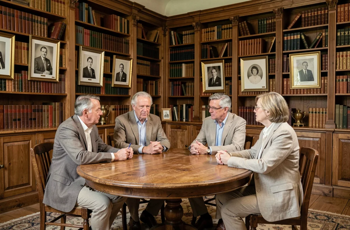 Réunion familiale multigénérationnelle dans une bibliothèque de château discutant de succession et d'héritage familial