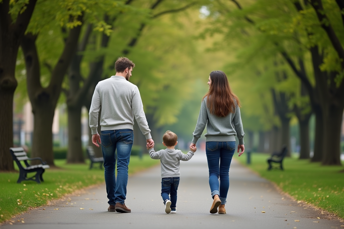 Famille se promenant dans un parc verdoyant