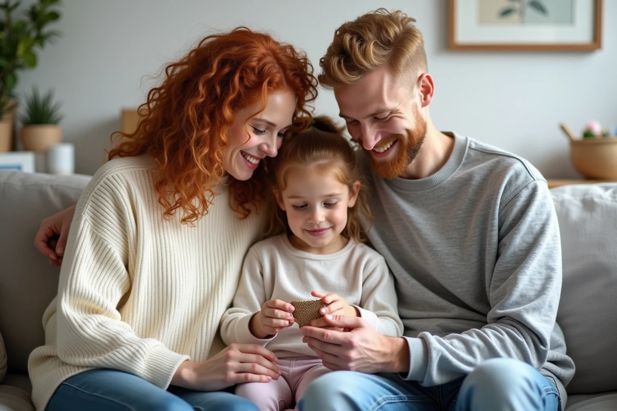 Famille heureuse pratiquant la bienveillance parentale ensemble sur un canapé scandinave minimaliste