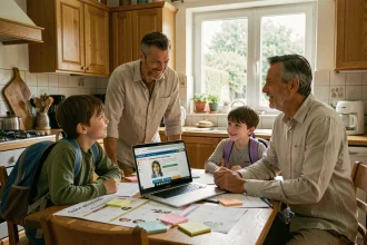 Famille française planifiant les vacances scolaires 2026 autour d'un calendrier scolaire imprimé sur la table de cuisine