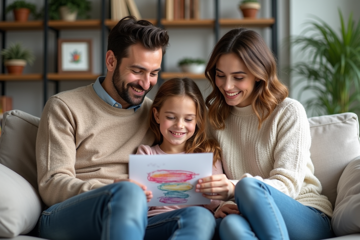 Couple homosexuel avec enfant souriant dans un salon moderne