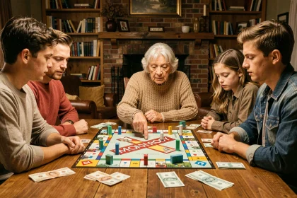 Famille réunie autour d'un plateau de Monopoly classique sur une table en bois dans un salon chaleureux